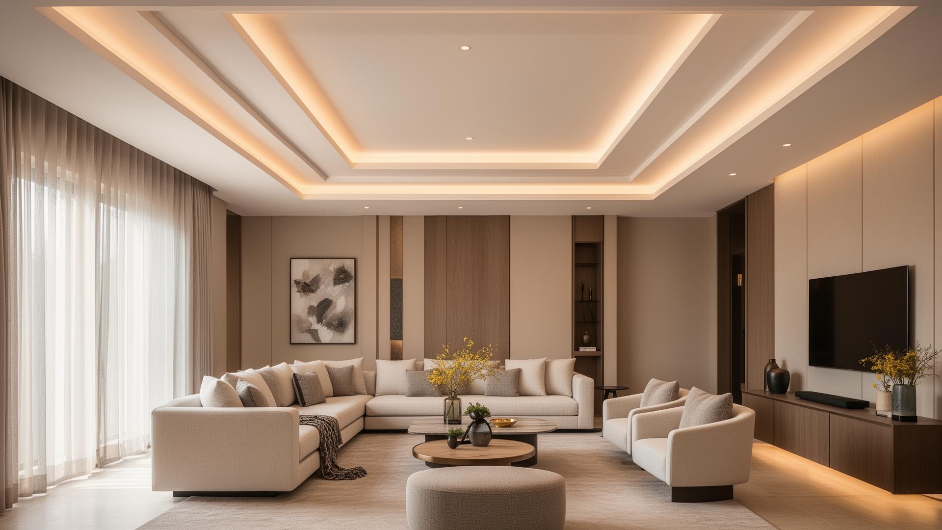 Modern Indian living room with layered gypsum cove false ceiling